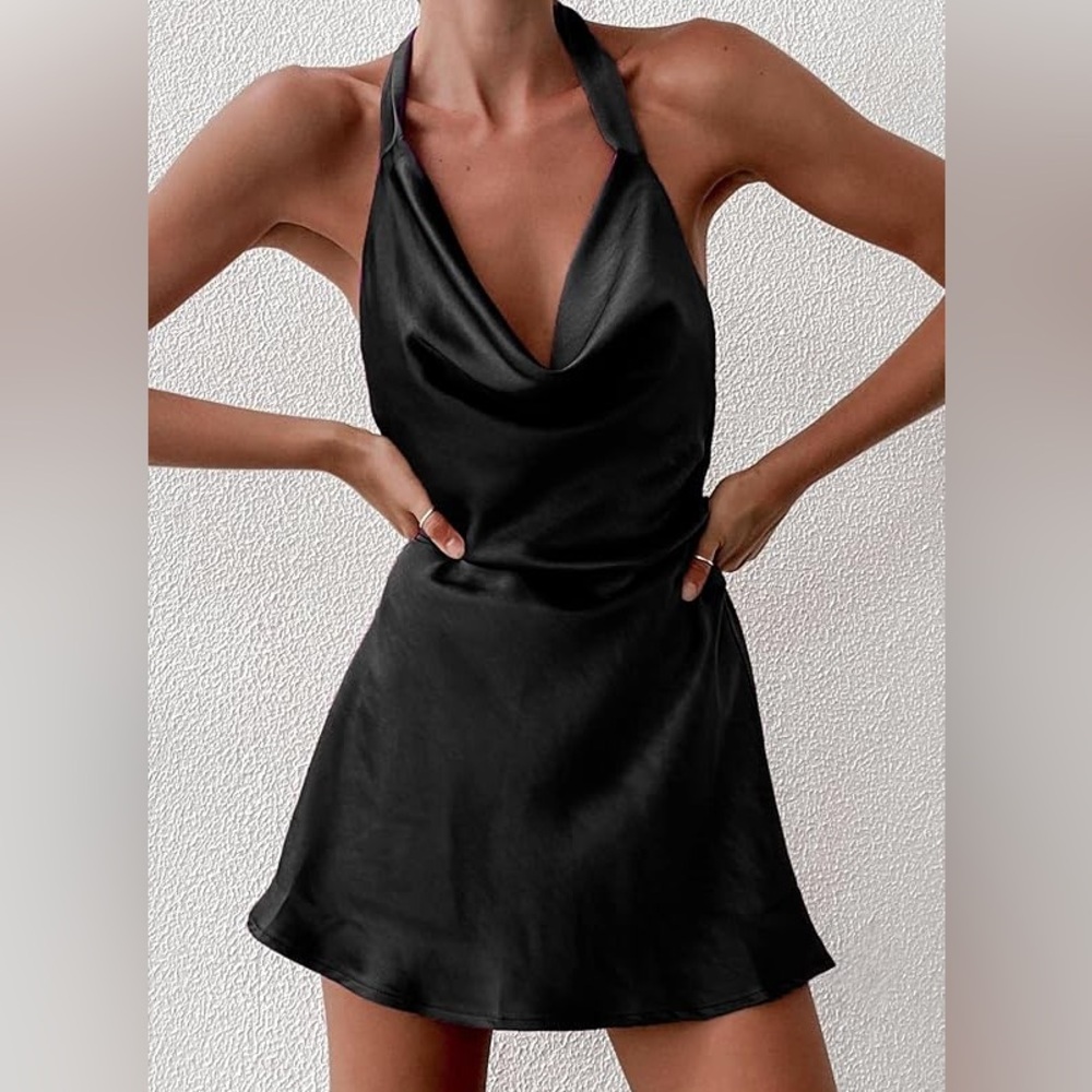 Canton Walker Cowl Neck Halter Backless Mini Dress